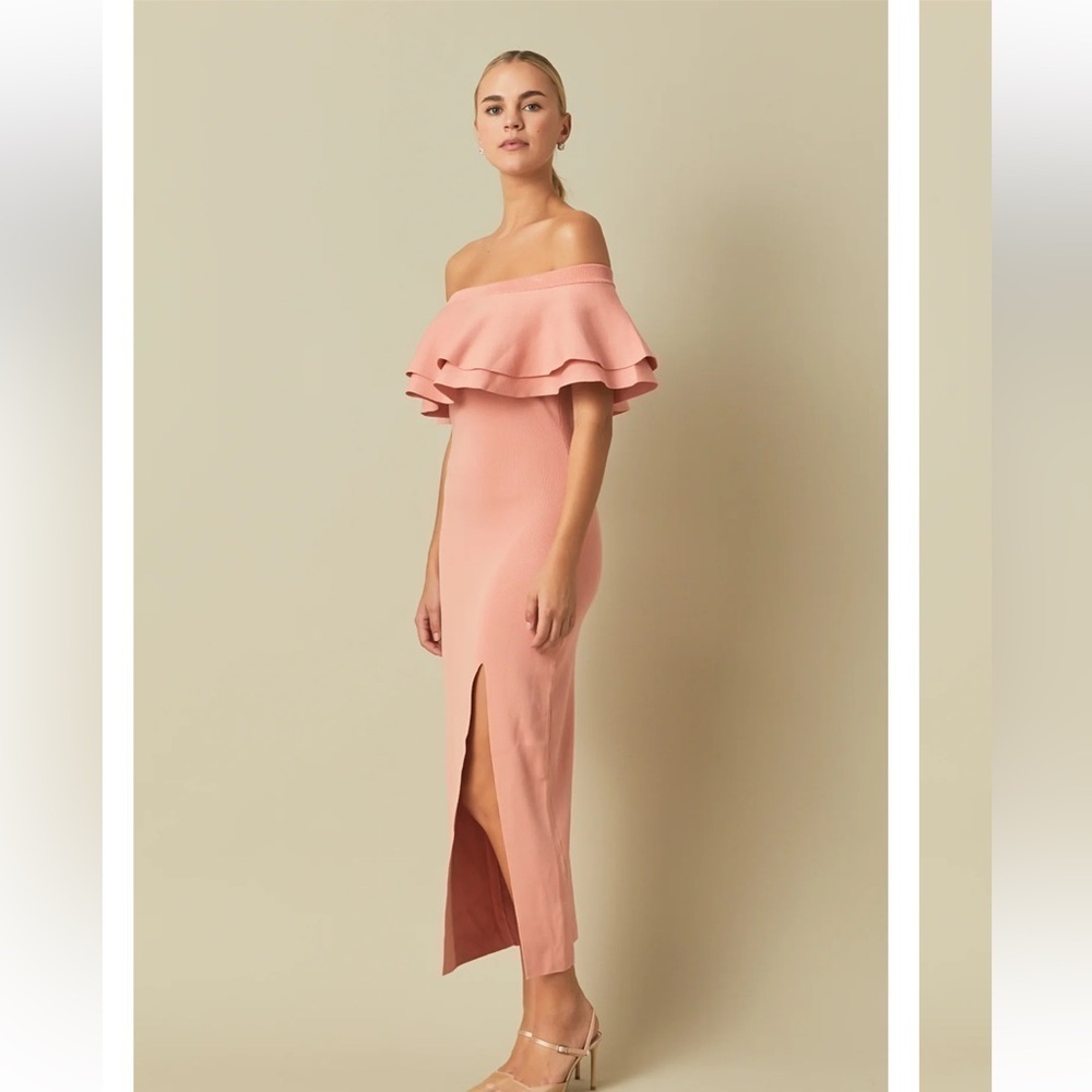 NWT endless rose off the shoulder ruffle maxi dress blush split leg size medium - Picture 3 of 11